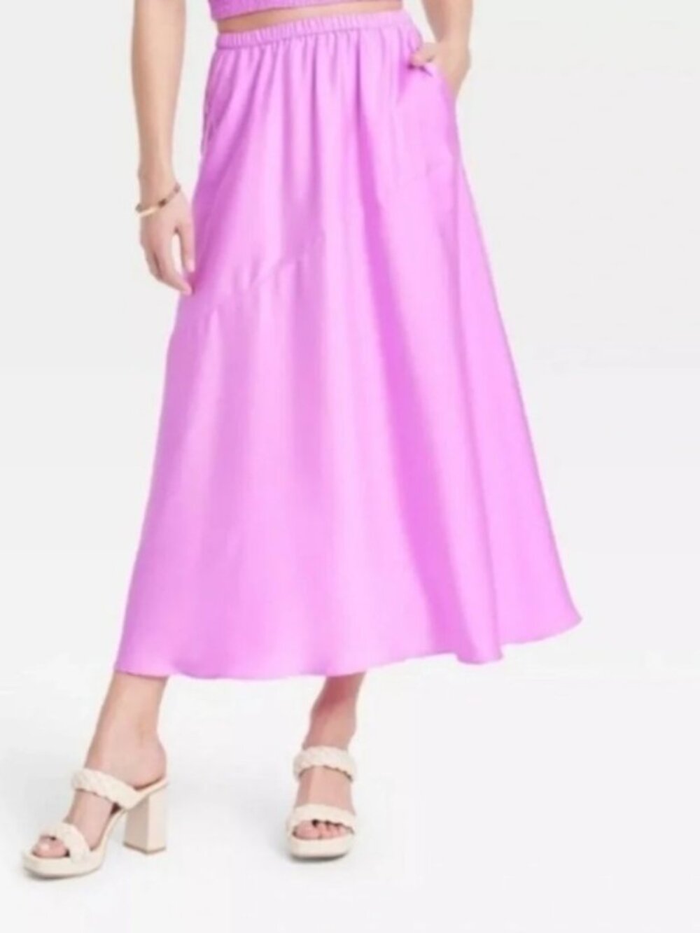 A New Day Pink Violet Satin Silk Slip Skirt 3X NWT Pockets - Picture 2 of 4